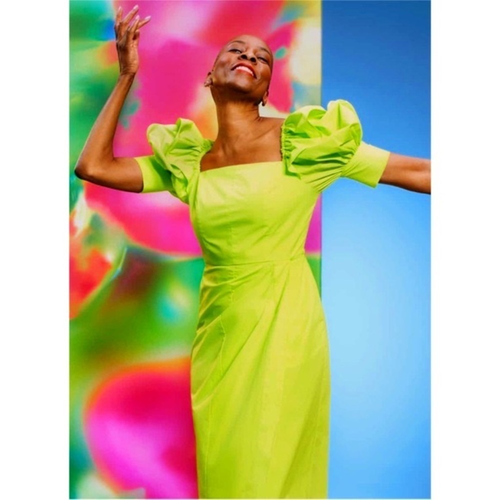 NWT Christopher John Rogers Neon Puff Sleeve Tulip Hem Midi Dress